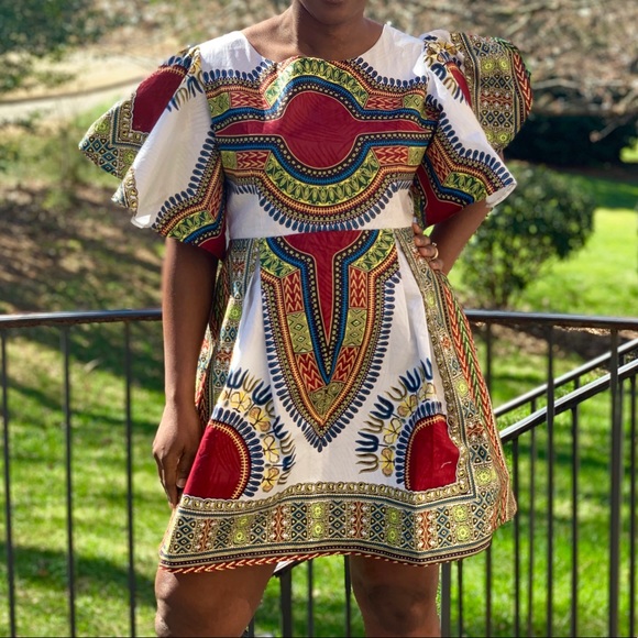 African Print Ankara Handmade White Dashiki Mini Ruffle Sleeve Dress - Picture 5 of 7